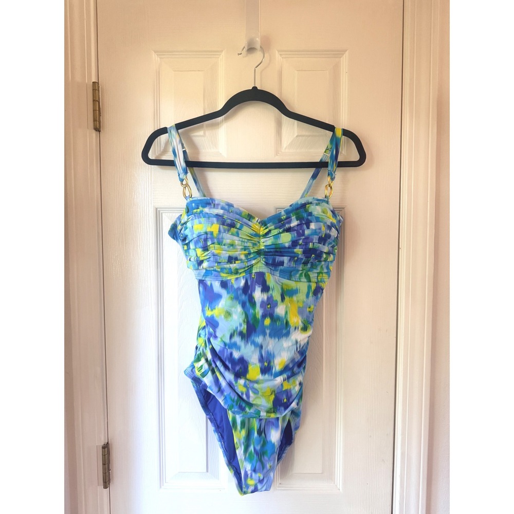 Bleu Rod Beattie Blue Green Abstract Watercolor Ruched One Piece Swimsuit 14